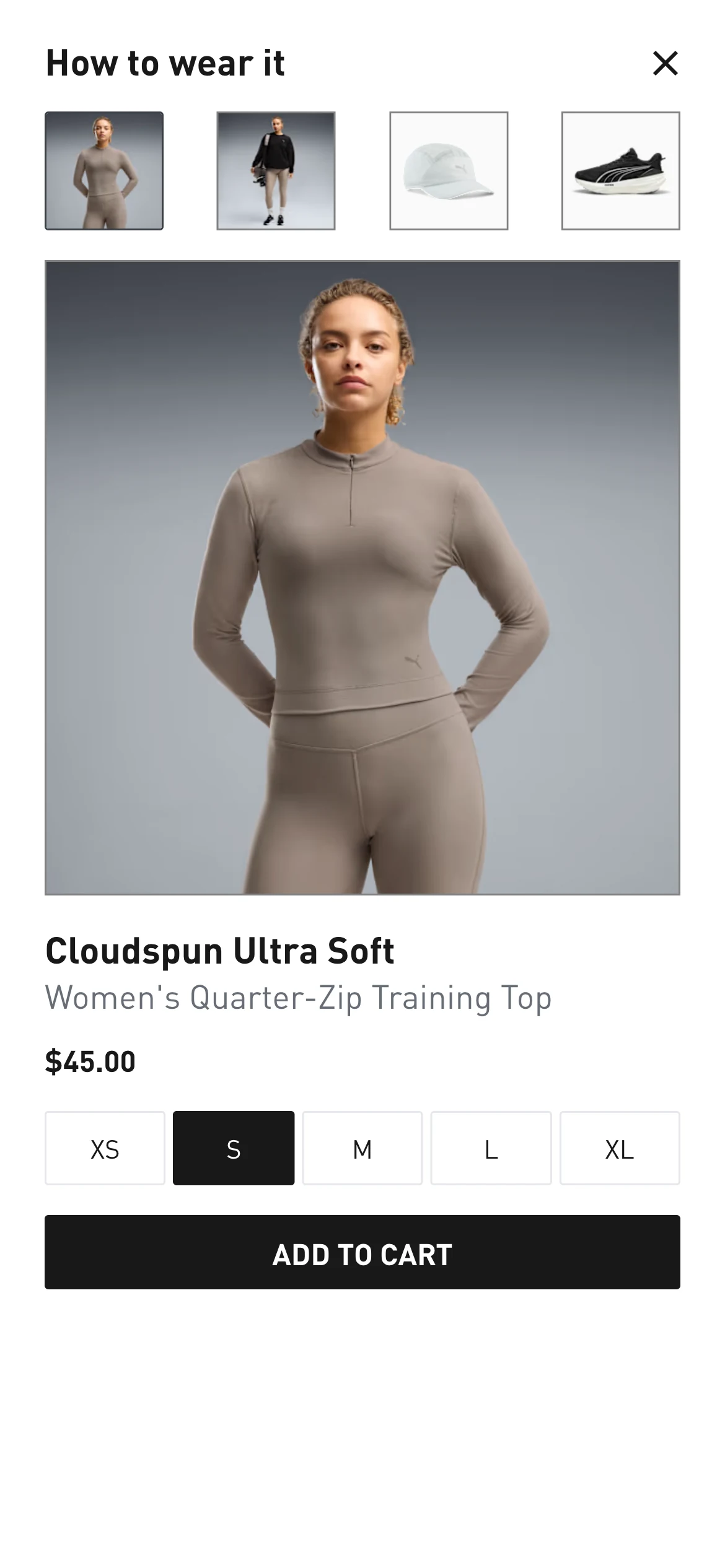 PUMA product page showing a model wearing the complete outfit